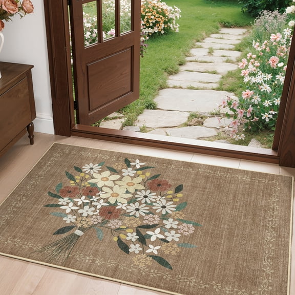 Toyoso 2x3 Machine Washable Area Rug - Floral Bouquet Printed Soft Accent Rug, Non-Slip Entryway Kitchen Bathroom Floor Mat, Boho Cottagecore Indoor Decorative Carpet, Brown Floral