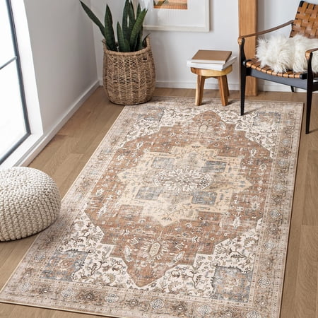 Toyoso 3x5 Machine Washable Area Rug - Vintage Medallion Distressed Small Rug, Soft Polyester Non-Slip Kitchen Entryway Foyer Mat, Boho Rustic Farmhouse Interior Accent Carpet - Rust Tan price history and forecast - Toyoso 1221195
