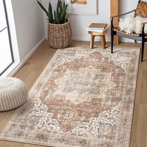 Toyoso 3x5 Machine Washable Area Rug - Vintage Medallion Distressed Small Rug, Soft Polyester Non-Slip Kitchen Entryway Foyer Mat, Boho Rustic Farmhouse Interior Accent Carpet - Rust Tan
