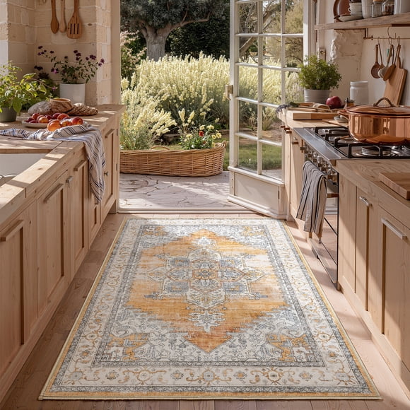 Toyoso 3x5 Machine Washable Area Rug, Soft Polyester Vintage Medallion Distressed Rug, Non-Slip Oriental Floral Accent Carpet, Burnt Orange