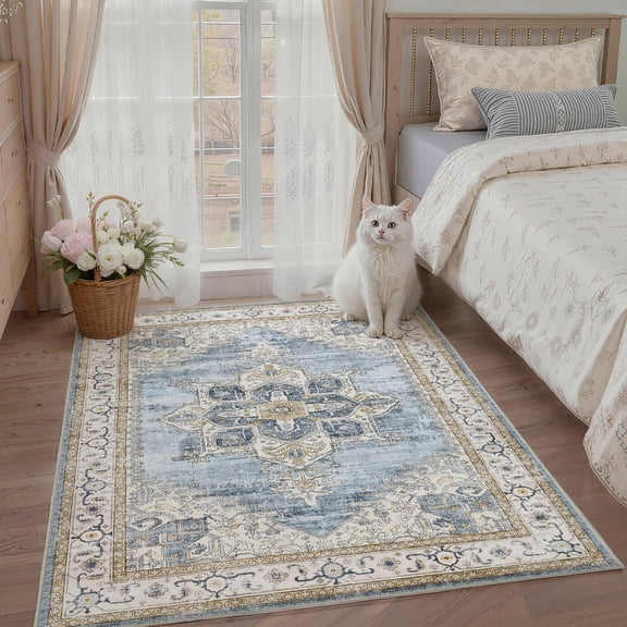 Toyoso 3x5 Machine Washable Area Rug, Soft Polyester Retro Floral Medallion Rug, Non-Slip Vintage Printed Accent Carpet for Kitchen Bedroom Entryway, Light Blue