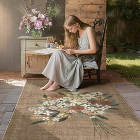 Toyoso 3x5 Machine Washable Area Rug - Floral Bouquet Printed Small Rug, Soft Polyester Non-Slip Bedroom Bedside Entryway Mat, Aesthetic Cottagecore Accent Carpet, Brown Floral