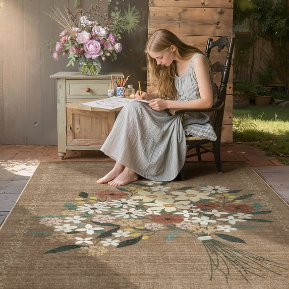 Toyoso 4x6 Machine Washable Area Rug - Floral Bouquet Printed Rug, Soft Polyester Non-Slip Nursery Home Office Reading Nook Carpet, Boho Chic Indoor Area Rug for Kids Room, Brown Floral