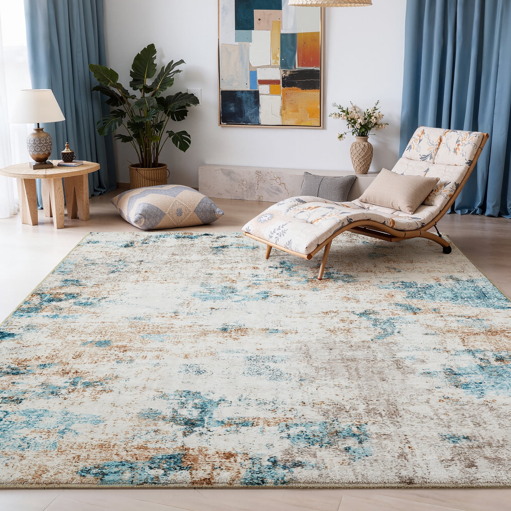 Toyoso 5x7 Machine Washable Area Rug, Modern Abstract Marble Soft Polyester Rug, Non-Slip Living Room Bedroom Carpet, Farmhouse Contemporary Indoor Rug, Cream Blue