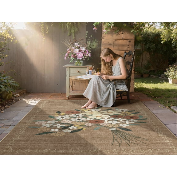 Toyoso 5x7 Area Rug Living Room Rugs - Washable Soft Polyester Floral Bouquet Printed Rug, Non-Slip Boho Cottagecore Indoor Carpet for Bedroom Dining Room Home Decor, Brown Floral