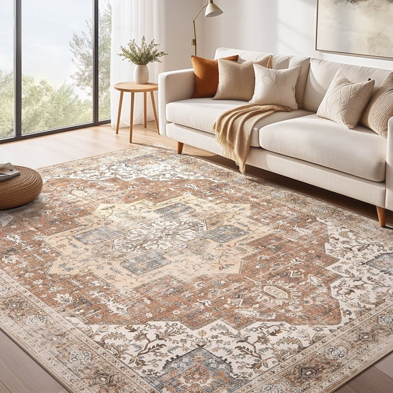 Toyoso 6x9 Area Rug Living Room Rugs - Washable Soft Polyester Vintage Medallion Distressed Rug, Non-Slip Boho Farmhouse Large Thin Indoor Carpet for Dining Room Home Office - Rust Tan