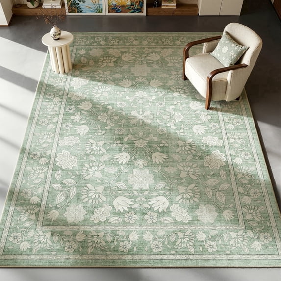 Toyoso 6x9 Light Sage Green Floral Rug, Modern Bordered Botanical Area Rug, 0.25" Low-Pile Machine Washable Non-Slip Floor Carpet for Living Room & Studio, Durable Stain Resistant Rug