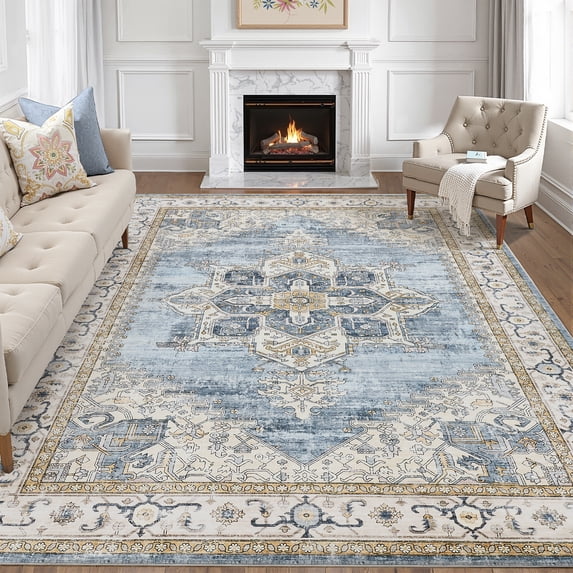 Toyoso 8x10 Large Area Rug, Machine Washable Soft Polyester Vintage Medallion Rug, Non-Slip Distressed Oriental Carpet for Living Room Bedroom, Light Blue