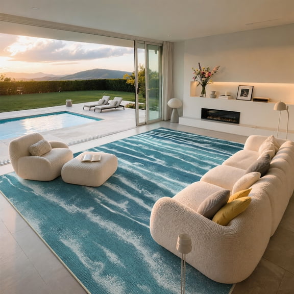 Toyoso 8x10 Modern Abstract Area Rug, Coastal Ocean Wave Carpet, Soft Low Pile Non-Shedding Rug for Large Living Room, Dining Room, Master Bedroom, Nautical Seascape Home Decor, Teal