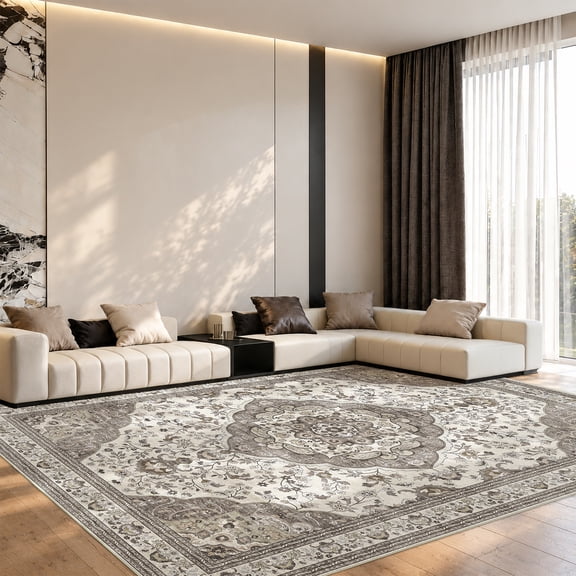 Toyoso 9x12 Vintage Medallion Area Rug, Distressed Floral Oriental Carpet, Soft Low Pile Non-Shedding Rug for Oversized Living Room, Open Space, Master Bedroom, Faded Boho Home Decor, Gray