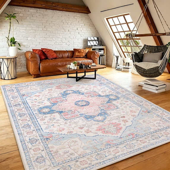 Toyoso 9x12 Oriental Medallion Area Rug, Distressed Floral Carpet, Soft Low Pile Non-Shedding Rug for Oversized Living Room, Open Space, Master Bedroom, Faded Boho Home Decor, Pink