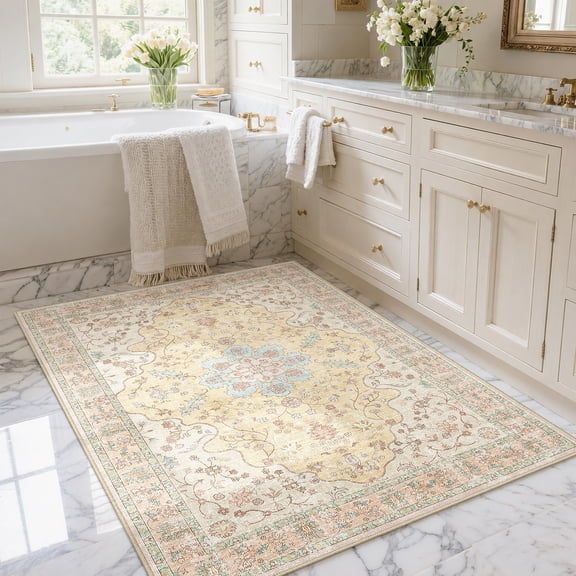 Toyoso 2x3 Vintage Medallion Area Rug, Distressed Floral Oriental Carpet, Soft Low Pile Non-Shedding Rug for Entryway, Kitchen, Hallway, Bedroom, Faded Boho Home Decor, Beige