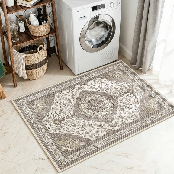 Toyoso 2x3 Vintage Medallion Area Rug, Distressed Floral Oriental Carpet, Soft Low Pile Non-Shedding Rug for Entryway, Kitchen, Hallway, Bedroom, Faded Boho Home Decor, Gray