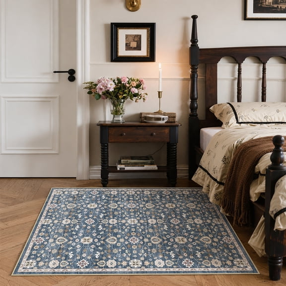 Toyoso 3x5 Oriental All-Over Floral Area Rug, Distressed Vintage Traditional Carpet, Soft Low Pile Non-Shedding Rug for Living Room, Bedroom, Dining Room, Faded Boho Home Decor, Navy