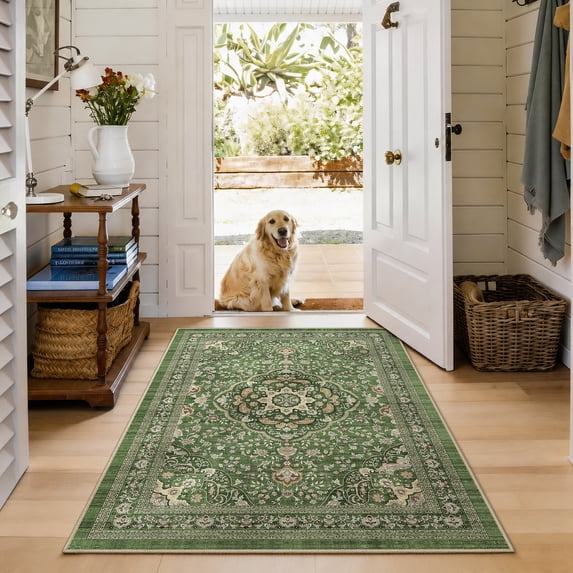 Toyoso 3x5 Oriental Medallion Area Rug, Distressed Floral Vintage Carpet, Soft Low Pile Non-Shedding Rug for Living Room, Bedroom, Dining Room, Faded Boho Home Decor, Sage Green