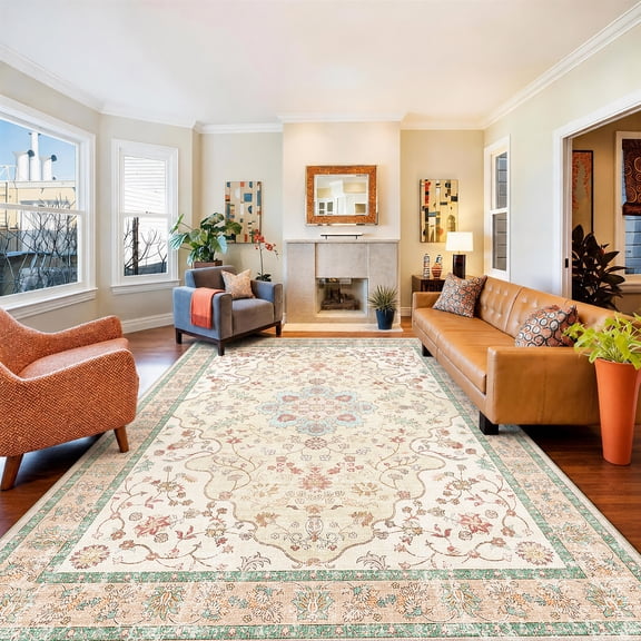 Toyoso 5x7 Vintage Medallion Area Rug, Distressed Floral Oriental Carpet, Soft Low Pile Non-Shedding Rug for Living Room, Bedroom, Dining Room, Faded Boho Home Decor, Rose