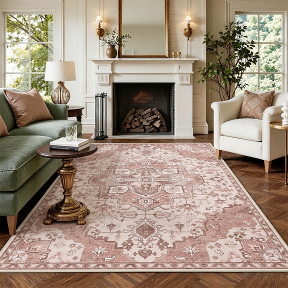 Toyoso 5x7 Geometric Medallion Area Rug, Southwestern Vintage Floral Carpet, Soft Low Pile Non-Shedding Rug for Living Room, Bedroom, Dining Room, Faded Boho Home Decor, Rose