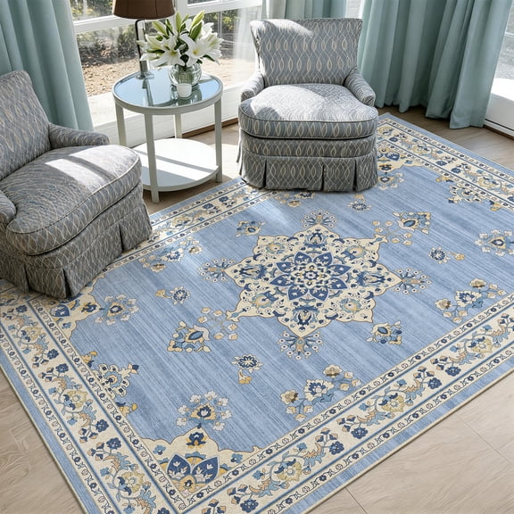 Toyoso 5x7 Oriental Medallion Area Rug, Distressed Floral Traditional Carpet, Soft Low Pile Non-Shedding Rug for Living Room, Bedroom, Dining Room, Faded Boho Home Decor, Light Blue