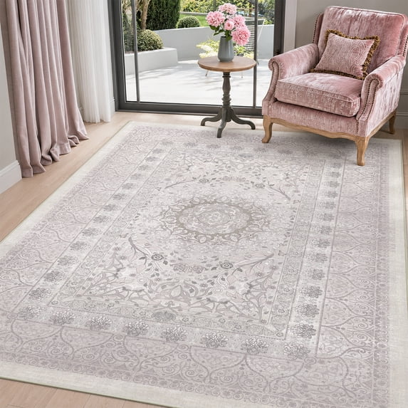 Toyoso 5x7 Oriental Medallion Area Rug, Distressed Floral Traditional Carpet, Soft Low Pile Non-Shedding Rug for Living Room, Bedroom, Dining Room, Faded Boho Home Decor, Purple