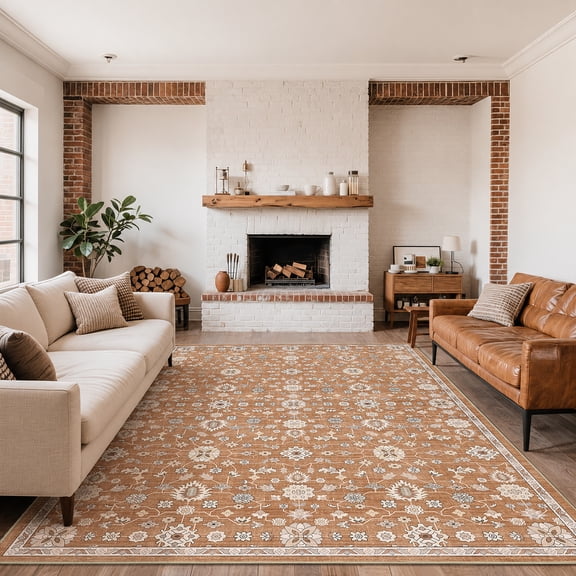 Toyoso 5x7 Oriental All-Over Floral Area Rug, Distressed Vintage Traditional Carpet, Soft Low Pile Non-Shedding Rug for Living Room, Bedroom, Dining Room, Faded Boho Home Decor, Camel