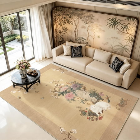 Toyoso 5x7 Oriental Chinoiserie Area Rug, Botanical Floral and Cat Carpet, Soft Low Pile Non-Shedding Rug for Living Room, Bedroom, Dining Room, Elegant Home Decor