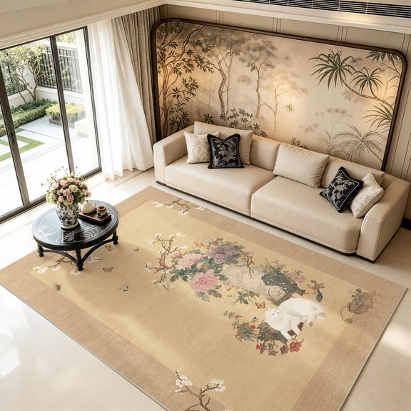 Toyoso 5x7 Oriental Chinoiserie Area Rug, Botanical Floral and Cat Carpet, Soft Low Pile Non-Shedding Rug for Living Room, Bedroom, Dining Room, Elegant Home Decor