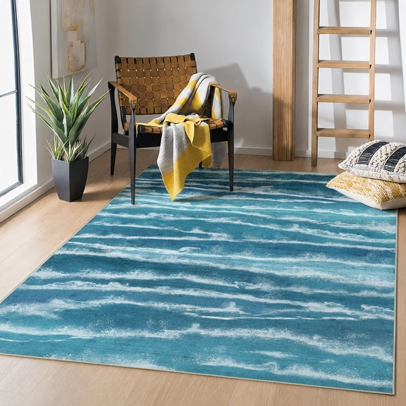 Toyoso 5x7 Modern Abstract Area Rug, Coastal Ocean Wave Carpet, Soft Low Pile Non-Shedding Rug for Living Room, Bedroom, Dining Room, Nautical Seascape Home Decor, Teal