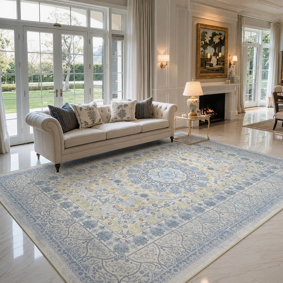 Toyoso 5x7 Oriental Medallion Area Rug, Distressed Floral Traditional Carpet, Soft Low Pile Non-Shedding Rug for Living Room, Bedroom, Dining Room, Faded Boho Home Decor, Blue