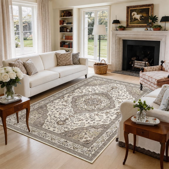 Toyoso 5x7 Vintage Medallion Area Rug, Distressed Floral Oriental Carpet, Soft Low Pile Non-Shedding Rug for Living Room, Bedroom, Dining Room, Faded Boho Home Decor, Gray