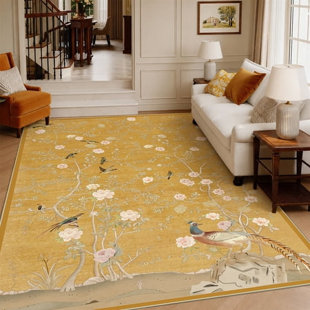 Toyoso 5x7 Oriental Botanical Area Rug, Chinoiserie Floral Bird Carpet, Soft Low Pile Non-Shedding Rug for Living Room, Bedroom, Dining Room, Faded Boho Home Decor, Mustard