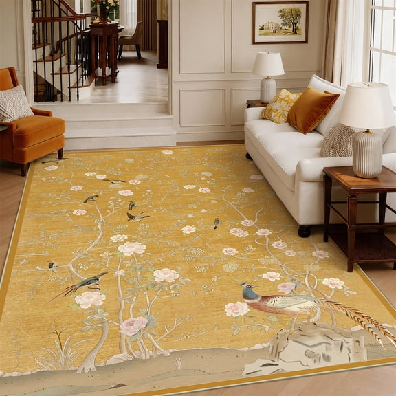 Toyoso 5x7 Oriental Botanical Area Rug, Chinoiserie Floral Bird Carpet, Soft Low Pile Non-Shedding Rug for Living Room, Bedroom, Dining Room, Faded Boho Home Decor, Mustard