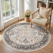 Toyoso 6x6 Round Washable Area Rug Persian Oriental Traditional Multi Color Circle Carpet Pet Friendly Non Slip For Home