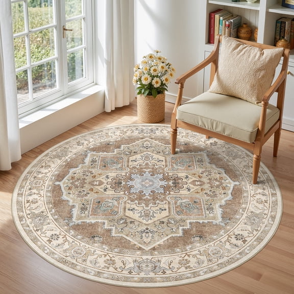 Toyoso 5x5 Round Washable Area Rug Traditional Medallion Cream Grey Circle Rug Soft Low Pile Pet Friendly For Reading Nook Entryway Small Spaces Decor