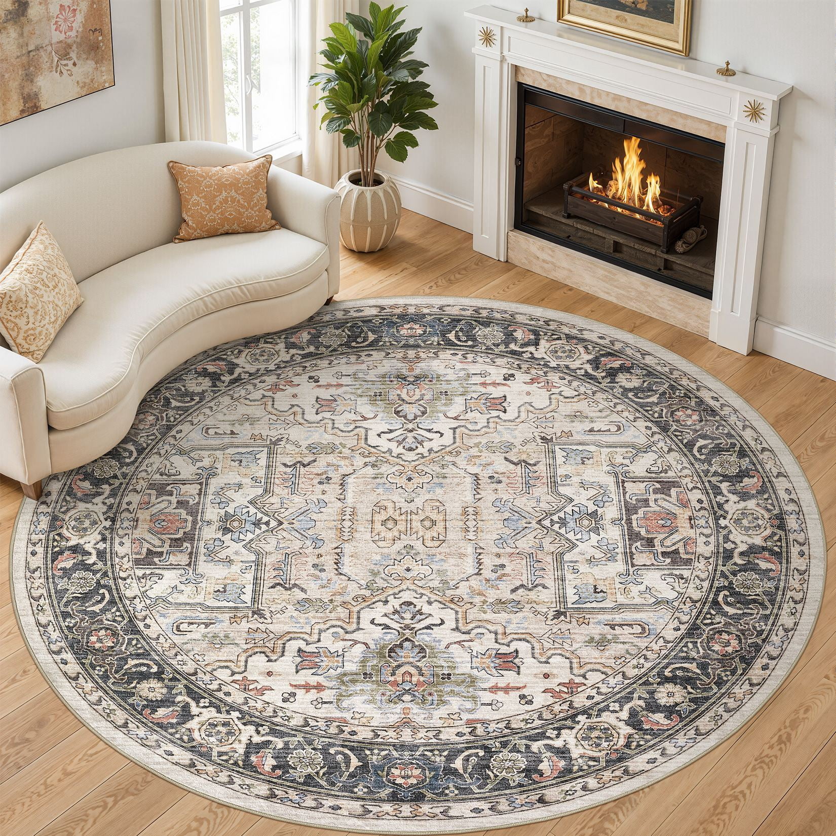 Toyoso 8x8 Round Washable Area Rug Large Traditional Medallion Luxury ...