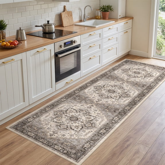 Toyoso 2x8 Runner Rug Vintage Persian Washable Runner Grey Brown Non Slip Machine Washable Low Pile Area Rug For Kitchen Hallway Entryway Laundry Room