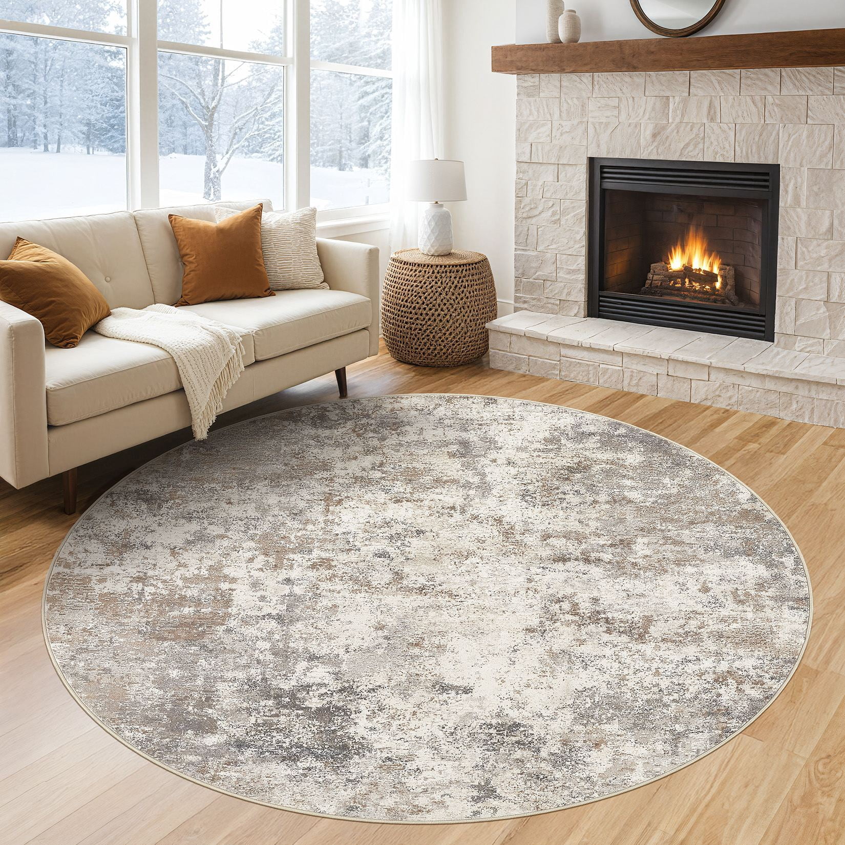 Toyoso 8x8 Round Washable Area Rug Large Abstract Modern Brown Grey Circle Rug Machine Washable Luxury Area Rug For Living Room Dining Room Foyer Home Decor