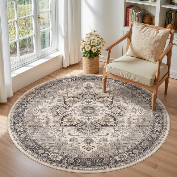 Toyoso 6x6 Round Washable Area Rug Persian Oriental Traditional Grey Brown Circle Carpet Pet Friendly Non Slip For Home Office Desk Dining Area Apartment