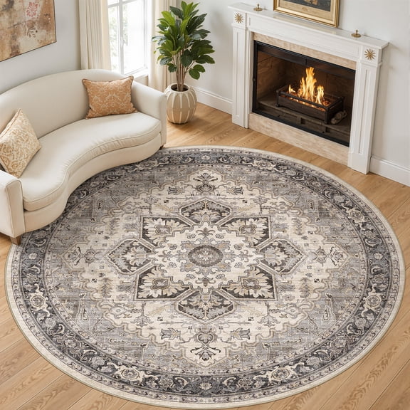 Toyoso 8x8 Round Washable Area Rug Large Traditional Medallion Luxury Grey Brown Circle Rug Machine Washable For Living Room Dining Room Family Room