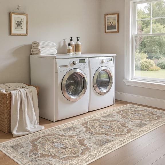 Toyoso 2x8 Runner Rug Vintage Medallion Washable Rug Cream Grey Low Pile Non Slip For Kitchen Hallway Laundry Room Entryway Home Decor Carpet