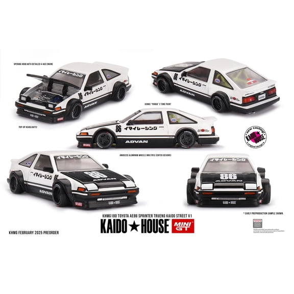 Toyota AE86 Sprinter Trueno "Kaido Street V1" RHD White and Black "Kaido House" Special 1/64 Diecast Model Car by Mini GT