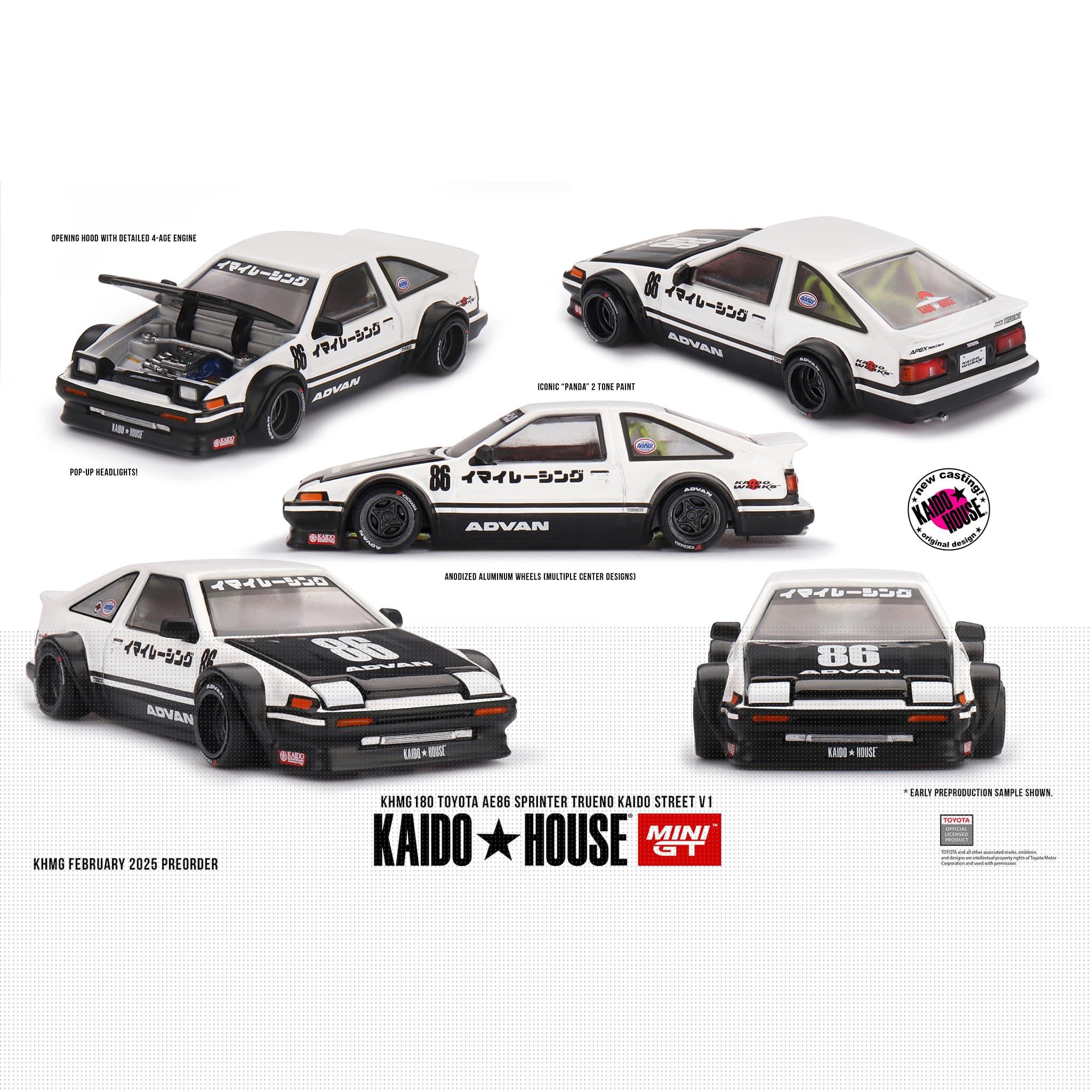 Toyota AE86 Sprinter Trueno "Kaido Street V1" RHD White and Black "Kaido House" Special 1/64 Diecast Model Car by Mini GT