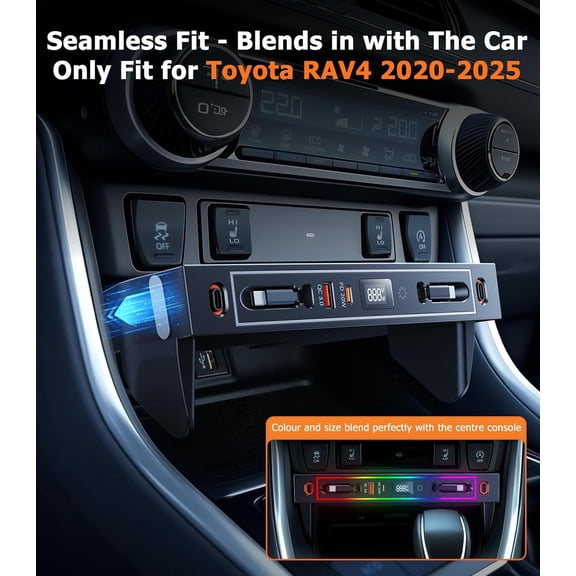 for Toyota Car Charger USB Hub with RGB Light, 4-Port Retractable Docking Station for Toyota Accessories 2025 2024 2023 2022 2021 2020, Center Console Phone Fast Charger/Adaptor Hub