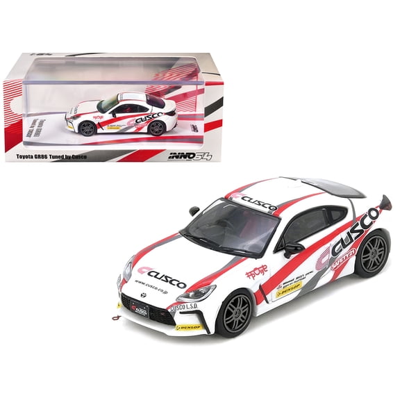 Toyota GR86 Tuned by "CUSCO" RHD (Right Hand Drive) White with Red and Gray Stripes 1/64 Diecast Model Car by Inno Models