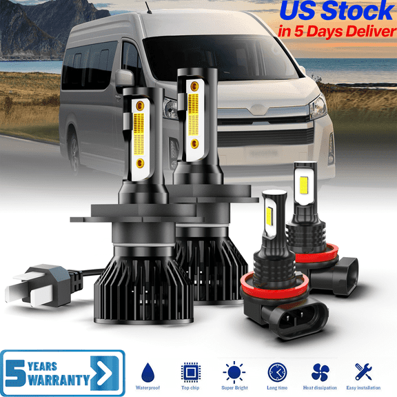 For Toyota Hiace Van 2006-2023 LED Headlight Bulbs Combo, H4/9003 High/Low Dual Beam Bulbs + H11 Foglights Kit, 6000K Cool White, 500% Brightness with Fan, Plug-N-Play, CANbus Ready, Pack of 4