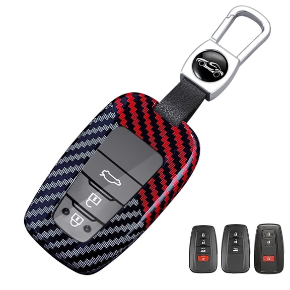 For Toyota Key Fob Cover, ABS carbon fiber pattern Key Fob Case Fit for 2017-2021 2022 2023 Toyota Corolla Camry RAV4 Highlander 4Runner Prius CH-R Prado Land Cruiser With Keychain (Red Black)