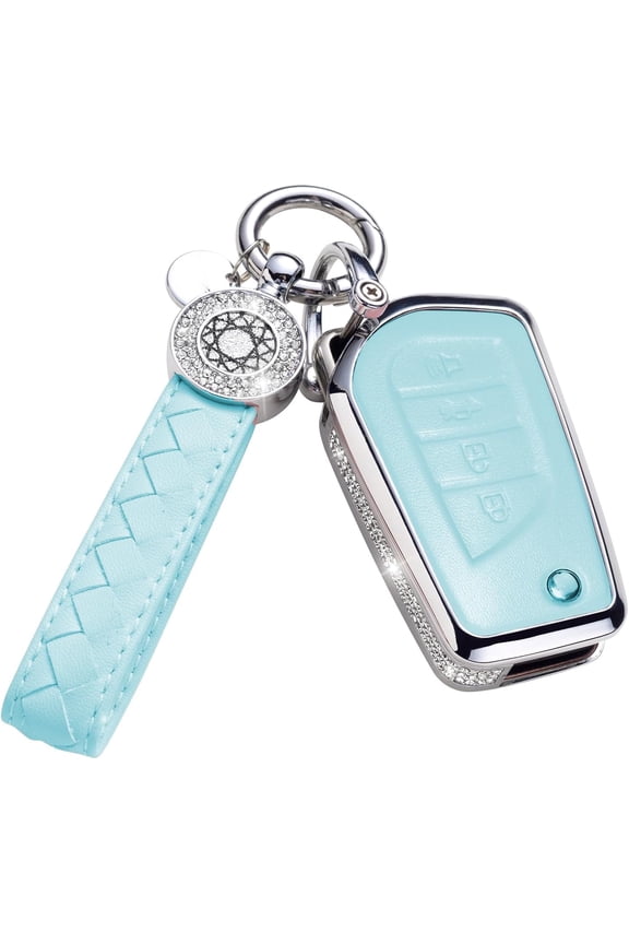 for Toyota Key Fob Cover with Keychain, Blue Leather Rhinestone Key Case Protection Shell Compatible with Fortuner Tundra Camry RAV4 Highlander Corolla Bling Car Accessories