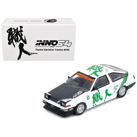 Toyota Sprinter Trueno (AE86) RHD #15 "Keiichi Tsuchiya" White with Green Graphics 1/64 Diecast Model Car by Inno Models