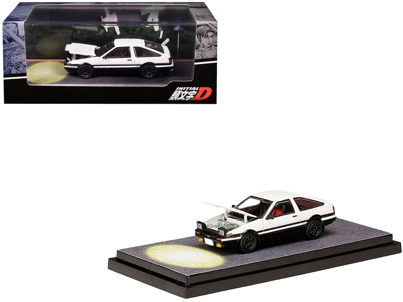 Toyota Sprinter Trueno (AE86) RHD White and Black "Engine Mounted Model VS Wataru Akiyama" 1/64 Diecast Model Car by Hobby Japan