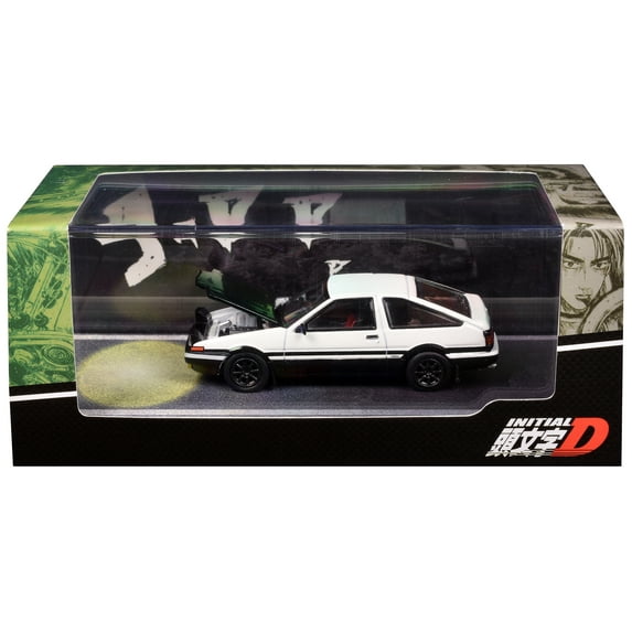 Toyota Sprinter Trueno (AE86) White & Black w/Carbon Hood "Initial D" (1995-2013) Manga 1/64 Diecast Model Car by Hobby Japan