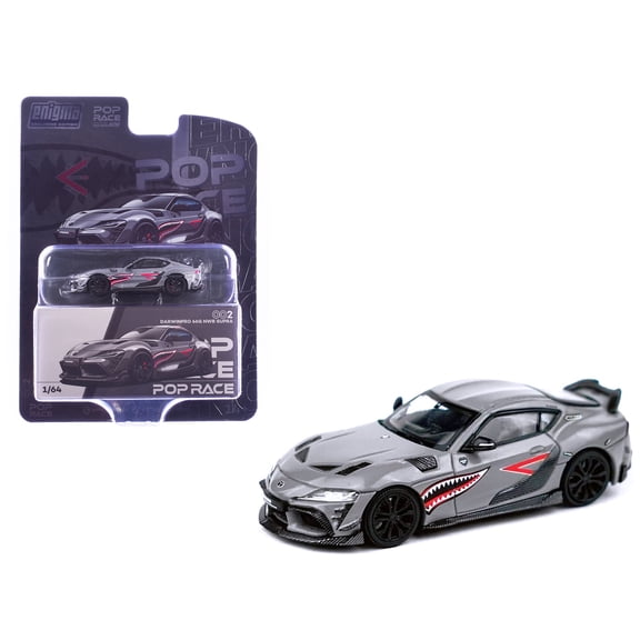 Toyota Supra "DarwinPro 66G NWB" Gray Metallic with Shark Mouth Graphics 1/64 Die Cast Model Car by Pop Race